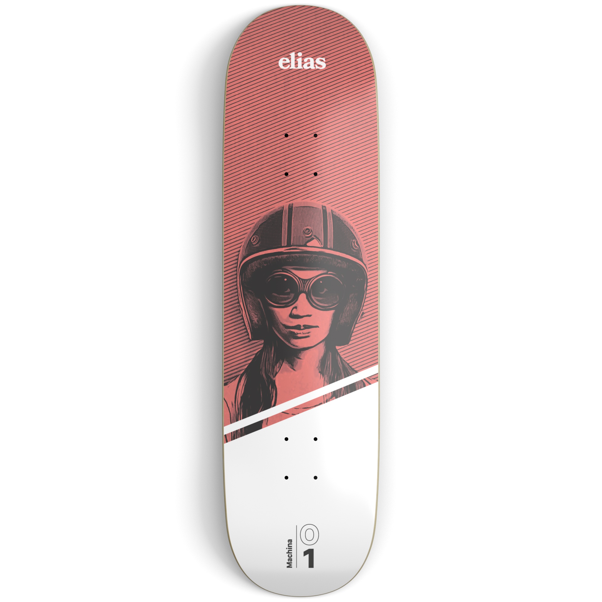 Red and white skateboard deck on a light grey surface printed with an illustration of a girl wearing a motorcycle helmet and white and black text
