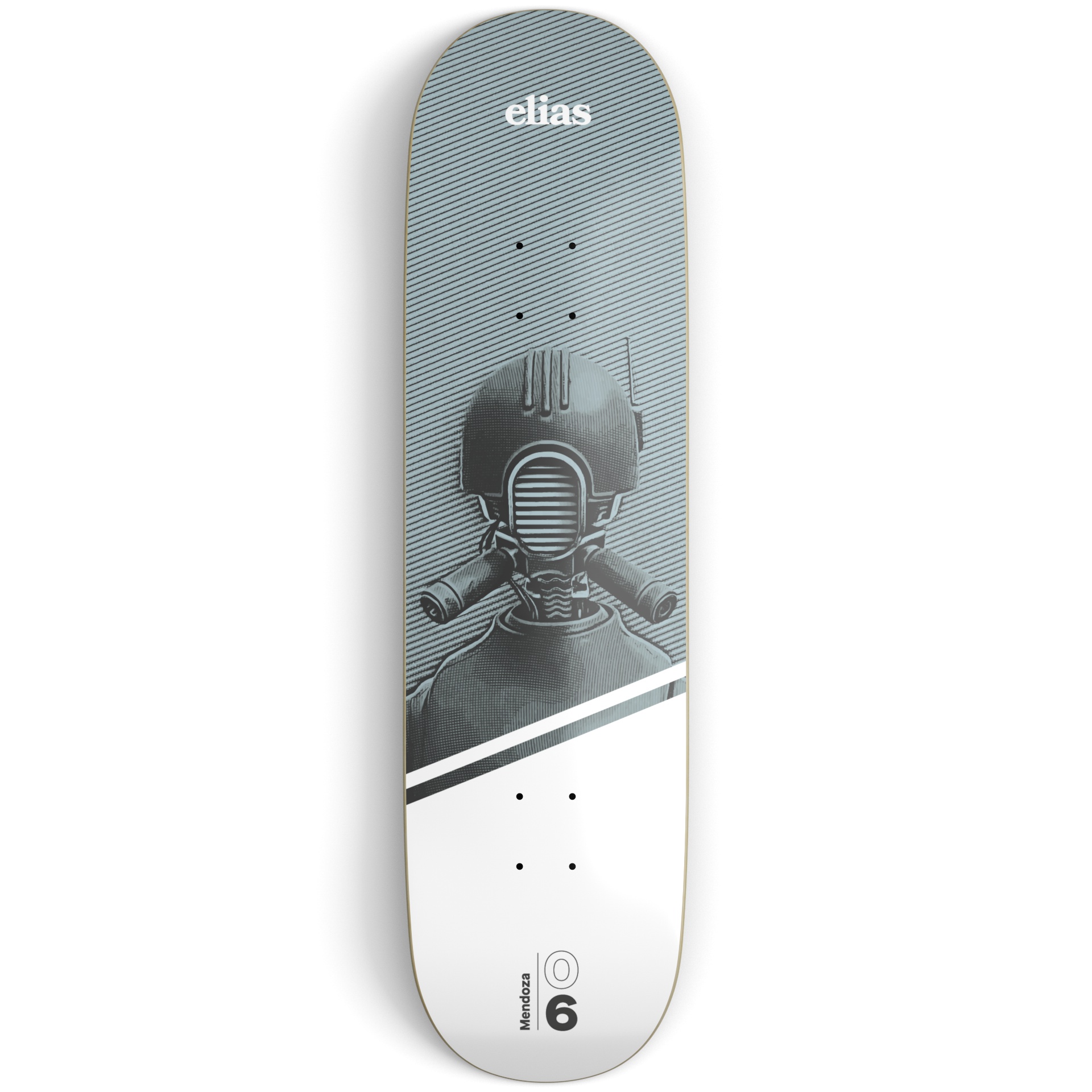 Grey and white skateboard deck on a light grey surface printed with an illustration of a robot and white and black text